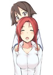 Rule 34 | 2girls, breasts, brown eyes, brown hair, closed eyes, large breasts, long hair, massage, minna-dietlinde wilcke, miyafuji yoshika, momiji7728, multiple girls, open mouth, red hair, short hair, shoulder massage, simple background, strike witches, white background, world witches series