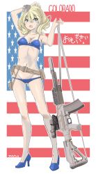 Rule 34 | 1girl, absurdres, alternate costume, american flag, artist name, assault rifle, bikini, blonde hair, blue bikini, blue footwear, breasts, character name, cleavage, colorado (kancolle), grey eyes, gun, gun sling, headgear, high heels, highres, holding, holding gun, holding weapon, kantai collection, looking at viewer, medium breasts, open mouth, rifle, short hair, solo, swimsuit, tada (tactical tada), weapon