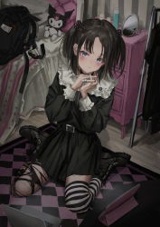 Rule 34 | 1girl, 666, absurdres, ankle boots, backpack, bag, belt, belt boots, black bag, black belt, black choker, black dress, black footwear, black hair, blush, boots, cabinet, choker, closed mouth, computer, cross, dress, earrings, gishiki (gshk), hair bobbles, hair ornament, hairclip, hands up, highres, interlocked fingers, jewelry, laptop, latin cross, light smile, long sleeves, looking at viewer, medium hair, mirror, missing textures, onegai my melody, original, pin, pinky ring, purple eyes, ring, sanrio, single thighhigh, sitting, solo, striped clothes, striped thighhighs, stud earrings, tablet pc, thighhighs, torn clothes, torn thighhighs, twintails, wariza