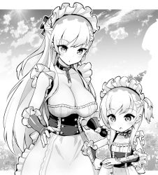 Rule 34 | 2girls, azur lane, belfast (azur lane), breasts, cleavage, collarbone, elbow gloves, fingerless gloves, gloves, greyscale, holding, holding teapot, hori (hori no su), large breasts, little bel (azur lane), long hair, looking at another, looking away, medium hair, monochrome, multiple girls, parted lips, teapot