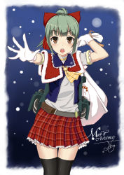 Rule 34 | 10s, 1girl, alternate costume, black thighhighs, bow, brown eyes, christmas, dawn02, gloves, green hair, hair bow, hair ribbon, highres, kantai collection, looking at viewer, merry christmas, open mouth, plaid, plaid skirt, pleated skirt, ponytail, ribbon, signature, skirt, solo, thighhighs, white gloves, yuubari (kancolle), zettai ryouiki