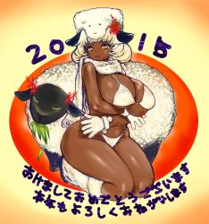 Rule 34 | 10s, 1girl, 2015, :p, absurdres, akeome, animal ears, bikini, blush, boots, breast hold, breasts, curvy, dark-skinned female, dark skin, fur boots, fur hat, gloves, happy new year, hat, highres, huge breasts, kneeling, kotoyoro, leopard (artist), looking at viewer, new year, original, sheep, sheep (chinese zodiac), sheep ears, sheep girl, short hair, smile, solo, swimsuit, tongue, tongue out, white bikini, white footwear, white gloves, white hair, yellow eyes