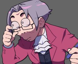 Rule 34 | 1boy, ace attorney, adjusting eyewear, ascot, black vest, bulging eyes, commentary, english commentary, glasses, grey background, grey hair, hair behind ear, hand on eyewear, holding, holding pen, jacket, looking to the side, male focus, meme, miles edgeworth, parted bangs, pen, red jacket, shirt, solo, speedoru, vest, white ascot, white eyes, white shirt