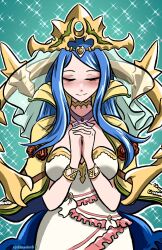 Rule 34 | 1girl, blue hair, bracelet, cape, closed eyes, closed mouth, crown, dress, facing viewer, fire emblem, fire emblem engage, highres, interlocked fingers, jewelry, johncaden, long hair, lumera (fire emblem), nintendo, own hands clasped, own hands together, sleeveless, sleeveless dress, smile, solo, upper body, white dress