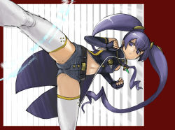 Rule 34 | 00s, 1girl, ar tonelico, ar tonelico ii, ar tonelico iii, belt, cocona vatel, denim, denim shorts, elbow gloves, fingerless gloves, gloves, gust, hair ornament, jewelry, kicking, long hair, multicolored clothes, multicolored legwear, navel, necklace, pendant, purple hair, shorts, solo, tetsu (kimuchi), thighhighs, twintails, very long hair, white thighhighs