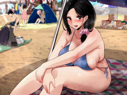 Rule 34 | ball, bare arms, bare shoulders, beach, beachball, bikini, black hair, blue bikini, blush, breasts, brown eyes, collarbone, commentary request, hair ornament, hair scrunchie, highres, large breasts, looking at viewer, mature female, original, outdoors, parted lips, pink scrunchie, sand, scrunchie, side-tie bikini bottom, sideboob, sitting, smile, solo focus, swimsuit, thighs, tlandolt69, wet