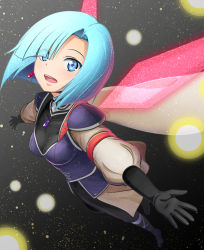 Rule 34 | 1girl, aqua hair, blue eyes, blue hair, breasts, cape, cleavage, earrings, from above, gloves, grandia, grandia i, hair over one eye, jewelry, kayama kenji, leen (grandia), looking at viewer, open mouth, short hair, smile, solo, spoilers, wings