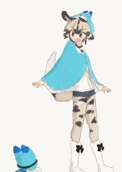 Rule 34 | 10s, 1girl, african wild dog (kemono friends), african wild dog print, animal ears, boots, bow, denim, denim shorts, dog ears, dog tail, hat, kemono friends, pantyhose under shorts, lucky beast (kemono friends), open mouth, pantyhose, poncho, rumenia (ao2is), shorts, tail