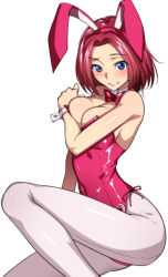 Rule 34 | 1girl, animal ears, bare shoulders, blue eyes, blush, bow, bowtie, breasts, cleavage, code geass, covered navel, covering privates, curvy, detached collar, embarrassed, fake animal ears, female focus, kouzuki kallen, large breasts, leotard, pantyhose, pink leotard, pink pantyhose, playboy bunny, rabbit ears, raised eyebrow, red hair, shiny clothes, short hair, side-tie leotard, simple background, tomohiro kai, white background, wrist cuffs