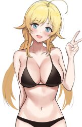 Rule 34 | 1girl, :d, absurdres, ahoge, bikini, black bikini, blonde hair, blue eyes, blush, boneseing, breasts, cleavage, commentary, hachimiya meguru, highres, idolmaster, idolmaster shiny colors, large breasts, long hair, looking at viewer, low twintails, navel, open mouth, simple background, sketch, smile, solo, standing, swimsuit, symbol-only commentary, twintails, upper body, v, white background