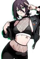 1girl absurdres alternate_costume black_bra black_choker black_hair black_jacket black_nails black_pants bra breasts chainsaw_man choker fishnet_bra fishnets green_eyes grenade_pin hair_bun hand_up highres jacket looking_at_viewer navel pants pochita_(chainsaw_man) redpostit reze_(chainsaw_man) simple_background small_breasts solo sweat tattoo underwear watch white_background wristwatch