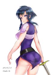 Rule 34 | 1girl, armor, ass, belt, black hair, breastplate, fire emblem, fire emblem: genealogy of the holy war, from behind, gloves, holding, holding sword, holding weapon, larcei (fire emblem), looking at viewer, looking back, nintendo, purple tunic, reki (reki13c), shoulder armor, sidelocks, skirt, solo, sword, thighs, tunic, underbutt, weapon, white background