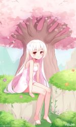 Rule 34 | 1girl, arm support, bad id, bad pixiv id, bare arms, bare shoulders, barefoot, blue sky, blush, breasts, cherry blossoms, closed mouth, collarbone, commentary, commission, crescent, crescent hair ornament, day, dress, english commentary, flower, ginka (gink a), hair ornament, highres, korean text, long hair, maplestory, outdoors, pink flower, purple flower, red eyes, sidelocks, sitting, sky, sleeveless, sleeveless dress, small breasts, smile, solo, tree, very long hair, watermark, web address, white dress, white hair