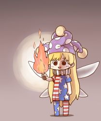 Rule 34 | 1girl, :d, @ @, american flag dress, american flag legwear, chibi, clownpiece, creepy eyes, hat, holding, holding torch, jester cap, looking at viewer, open mouth, pantyhose, polka dot headwear, poronegi, purple hat, short sleeves, smile, solo, standing, torch, touhou