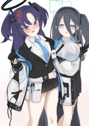 Rule 34 | 2girls, akacolor, aris (blue archive), bikini, black bikini, black gloves, black hair, black jacket, black skirt, blue archive, blue eyes, blue necktie, blush, collared shirt, gloves, hair between eyes, highres, holding, holding clothes, holding swimsuit, jacket, long bangs, long hair, looking at viewer, multiple girls, necktie, one side up, open mouth, purple eyes, purple hair, shirt, skirt, swimsuit, two side up, very long hair, white jacket, white shirt, yuuka (blue archive)