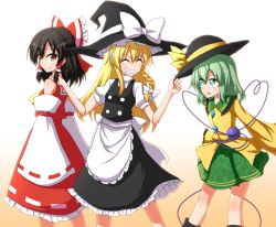 Rule 34 | &gt;:), 3girls, :o, ^ ^, apron, bare shoulders, black hair, blonde hair, blouse, blush, bow, brown eyes, closed eyes, commentary, detached sleeves, eyeball, closed eyes, green eyes, green hair, grin, hair bow, hair tubes, hakurei reimu, hand on another&#039;s hat, hand on another&#039;s shoulder, hat, hat tip, heart, heart of string, highres, kirisame marisa, komeiji koishi, large bow, long hair, long skirt, looking at viewer, medium hair, miniskirt, multiple girls, puffy short sleeves, puffy sleeves, ribbon-trimmed sleeves, ribbon trim, shirt, short sleeves, skirt, smile, teoi (good chaos), third eye, touhou, v-shaped eyebrows, very long hair, vest, waist apron, witch hat