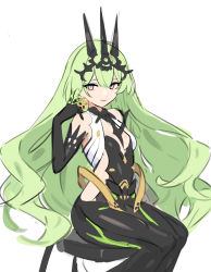 Rule 34 | 1girl, 4410 (kanimiso), absurdres, black dress, black gloves, claw ring, closed mouth, crown, dress, earrings, elbow gloves, gloves, green eyes, green hair, highres, honkai (series), honkai impact 3rd, jewelry, long hair, looking at viewer, mobius (honkai impact), simple background, single earring, sketch, sleeveless, sleeveless dress, smile, solo, wavy hair, white background