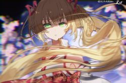 Rule 34 | .live, 1girl, armpits, bare shoulders, blonde hair, blurry, bokeh, braid, breasts, cherry blossoms, chibirisu, cleavage, collarbone, commentary, depth of field, detached sleeves, eyebrows hidden by hair, green eyes, hair ribbon, japanese clothes, kongou iroha, large breasts, long hair, looking at viewer, motion blur, oomori (kswmr), parted lips, red ribbon, ribbon, solo, twintails, virtual youtuber