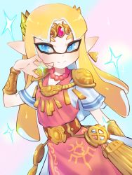 Rule 34 | 1girl, armor, belt, blonde hair, blue eyes, blush, bracer, company connection, dress, earrings, hand up, highres, inkling player character, jewelry, jtveemo, light blush, looking at viewer, necklace, nintendo, parted bangs, pointy ears, princess zelda, shoulder armor, simple background, smile, solo, sparkle, splatoon (series), tentacle hair, the legend of zelda, tiara, triforce