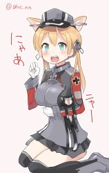 Rule 34 | 1girl, 1other, ahenn, animal, animal ears, aqua eyes, black skirt, black thighhighs, blonde hair, blush, cat, cat day, cat ears, clenched hand, commentary request, gloves, hair between eyes, hat, kantai collection, long hair, long sleeves, low twintails, military, military uniform, open mouth, peaked cap, pink background, pleated skirt, prinz eugen (kancolle), simple background, sitting, skirt, thighhighs, twintails, twitter username, uniform, unsinkable sam, wariza, white gloves