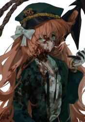 Rule 34 | 1girl, blood, blood in hair, blood on clothes, blood on face, bow, collared shirt, gloves, green hat, hair bow, harpoon, hat, highres, holding, holding smoking pipe, ishmael (project moon), limbus company, long hair, looking at viewer, military hat, orange hair, project moon, rope, shirt, smoking pipe, solo, tw4wnpkqamfirtg, upper body, very long hair, white bow, white gloves, white shirt