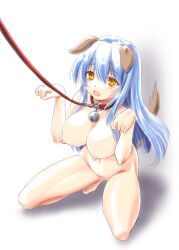 Rule 34 | 1girl, animal ears, bell, blue hair, breasts, brown tail, collar, completely nude, dog ears, dog girl, dog tail, floppy ears, hair between eyes, hands up, highres, jingle bell, large breasts, leash, long hair, navel, neck bell, nipples, no pussy, nude, open mouth, original, paw pose, pet play, red collar, shadow, shinjou satomi, simple background, solo, tail, tail raised, white background, yellow eyes