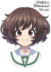 Rule 34 | 10s, 1girl, :3, absurdres, akiyama yukari, blouse, brown eyes, brown hair, closed mouth, commentary, cropped neck, dated, girls und panzer, highres, lips, looking at viewer, messy hair, one-hour drawing challenge, ooarai school uniform, portrait, school uniform, serafuku, shiina excel, shirt, short hair, simple background, smile, solo, twitter username, watermark, white background, white shirt