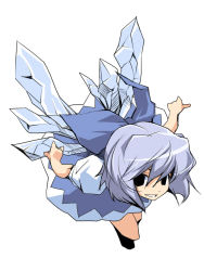 Rule 34 | 1girl, :d, black socks, blue dress, cirno, dress, embodiment of scarlet devil, female focus, grin, hermmy, ice, ice wings, kneehighs, looking at viewer, open mouth, puffy short sleeves, puffy sleeves, short sleeves, simple background, smile, socks, solo, teeth, touhou, white background, wings