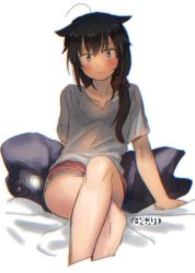 Rule 34 | 1girl, ahoge, alternate costume, alternate hairstyle, artist name, black hair, blue eyes, crossed legs, ergot, hair flaps, hair ornament, hair over shoulder, hair scrunchie, i-class destroyer, kantai collection, looking at viewer, on bed, pillow, red scrunchie, red shorts, scrunchie, see-through, shigure (kancolle), shirt, shorts, sitting, solo, white shirt
