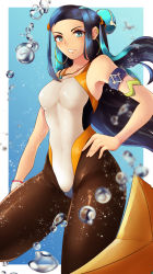 Rule 34 | 1girl, alternate skin color, armband, armlet, black hair, blue background, blue eyes, blurry, brown pantyhose, competition swimsuit, covered navel, cowboy shot, creatures (company), depth of field, earrings, game freak, gym leader, hand on own hip, highleg, highleg swimsuit, highres, hoop earrings, jewelry, long hair, looking at viewer, nessa (pokemon), nintendo, one-piece swimsuit, pantyhose, pantyhose under swimsuit, parted lips, pokemon, pokemon swsh, shumiao, solo, swimsuit, water, white one-piece swimsuit