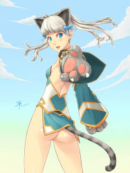 Rule 34 | animal ears, animal hands, ass, blue eyes, bow, cat ears, cat tail, dan (kumadan), fang, fantasy earth zero, foreshortening, hair bow, long hair, no panties, pussy, silver hair, solo, tail, twintails, uncensored