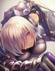 Rule 34 | 1girl, all fours, arm support, armor, armored boots, ass, beige background, black footwear, blurry, blush, boots, breast press, breasts, clenched teeth, depth of field, dripping, dutch angle, fate/grand order, fate (series), gauntlets, gloves, hair over one eye, heavy breathing, highres, leotard, looking at viewer, mash kyrielight, medium breasts, mephisto (angraecum), one eye covered, outstretched arm, purple eyes, purple gloves, shadow, short hair, solo, sweat, sword, teeth, thigh boots, thighhighs, weapon, white hair