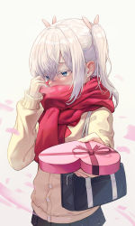 1girl, absurdres, bag, bangs, black skirt, blue eyes, blush, box, box of chocolates, breath, buttons, cardigan, colored eyelashes, commentary request, covered mouth, ear blush, embarrassed, fingernails, gift, hair ornament, half-closed eyes, heart-shaped box, highres, holding, holding gift, incoming gift, long sleeves, looking away, myung yi, nose blush, original, outstretched arm, pleated skirt, pov, red ribbon, red scarf, ribbon, scarf, school uniform, shiny, shiny hair, short hair, shoulder bag, sidelocks, silver hair, simple background, skirt, solo, standing, twintails, valentine, white background, yellow cardigan