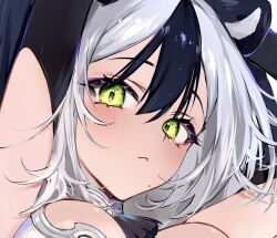 Rule 34 | 1girl, animal ears, armpits, arms up, black hair, black thighhighs, blush, breasts, bridal gauntlets, choker, cleavage, commentary, curly hair, elbow gloves, english commentary, full body, gloves, green eyes, hair between eyes, highleg, large breasts, leotard, light frown, light particles, long hair, mole, mole under mouth, multicolored hair, original, panda ears, simple background, solo, tearing up, thighhighs, two-tone hair, vivixstar, white background, white hair, white leotard