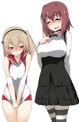 Rule 34 | 10s, 2girls, alternate costume, arm behind back, artist name, bare shoulders, black dress, blonde hair, blush, breast envy, breasts, brown eyes, brown hair, closed eyes, clothes pull, commentary request, cosplay, costume switch, covering crotch, covering privates, cowboy shot, dress, girls und panzer, gym uniform, hairband, half-closed eyes, high-waist skirt, highres, kondou taeko, kondou taeko (cosplay), large breasts, long hair, long sleeves, looking to the side, miniskirt, multiple girls, one side up, open mouth, pantyhose, red shorts, shimada arisu, shimada arisu (cosplay), shirt, shirt pull, shirt tug, short hair, short shorts, shorts, side ponytail, skirt, sleeveless, sleeveless shirt, sportswear, striped clothes, striped legwear, striped pantyhose, terazip, thighs, underbust, v arms, volleyball uniform