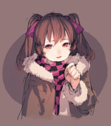 Rule 34 | 1girl, alternate costume, bow, breath, brown hair, checkered clothes, checkered scarf, coat, colorized, hair bow, hair ornament, himekaidou hatate, junwool, long sleeves, looking at viewer, no headwear, open mouth, red eyes, scarf, simple background, sketch, smile, solo, touhou, twintails, upper body
