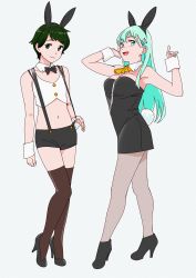 Rule 34 | 2girls, :d, alternate costume, animal ears, aqua eyes, aqua hair, arm up, armpits, ascot, bad id, bad twitter id, bare arms, bare shoulders, black bow, black dress, black footwear, black legwear, black neckwear, black shorts, bow, bowtie, breasts, brown legwear, cleavage, closed mouth, cuffs, detached collar, dress, fake animal ears, female focus, film grain, flat chest, full body, green eyes, green hair, grey background, grey legwear, hair ornament, hairclip, hand up, happy, high heels, kantai collection, large breasts, leotard, long hair, looking at viewer, matching hair/eyes, midriff, mogami (kancolle), multiple girls, navel, ojipon, open mouth, pantyhose, playboy bunny, rabbit ears, short dress, short hair, shorts, simple background, small breasts, smile, standing, strapless, strapless dress, suspenders, suspenders pull, suzuya (kancolle), swept bangs, thighhighs, wrist cuffs, yellow neckwear