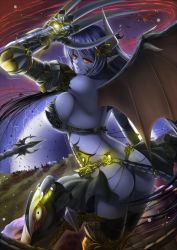 Rule 34 | 1girl, arm up, armor, armpits, ass, bad id, bad pixiv id, bat wings, bikini armor, black thighhighs, blue hair, blue skin, breasts, claw (weapon), colored skin, demon girl, demon horns, demon tail, demon wings, earrings, electricity, fantasy, female focus, gauntlets, gradient background, hair ribbon, horns, jewelry, large breasts, long hair, looking at viewer, looking back, original, pointy ears, red eyes, ribbon, shibata rai, sideboob, smile, solo, tail, thighhighs, thong, weapon, wings