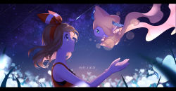 Rule 34 | 1girl, blue eyes, bow, brown hair, creatures (company), english text, eye contact, floating hair, from side, game freak, gen 3 pokemon, hair bow, hairband, highres, jirachi, legendary pokemon, letterboxed, long hair, looking at another, may (pokemon), mikko (mim mikko), mythical pokemon, night, night sky, nintendo, pokemon, pokemon (creature), pokemon oras, portrait, profile, red bow, red hairband, red shirt, shirt, sky, sleeveless, sleeveless shirt, star (sky), starry sky, striped, striped bow, upper body