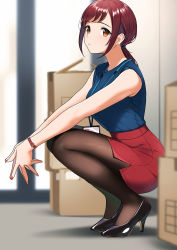 Rule 34 | 1girl, bare shoulders, black footwear, blue shirt, blurry, box, brown pantyhose, buckle, cardboard box, closed mouth, depth of field, doushimasho, from side, full body, high heels, highres, id card, indoors, long hair, looking at viewer, looking to the side, low ponytail, mole, mole under mouth, nail polish, office lady, orange eyes, original, own hands together, pantyhose, pencil skirt, red hair, red nails, red skirt, shirt, side slit, skirt, sleeveless, sleeveless shirt, solo, squatting, swept bangs