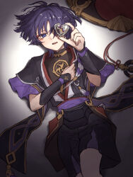 Rule 34 | 1boy, absurdres, bridal gauntlets, cowboy shot, from above, genshin impact, hat, heart, heart necklace, highres, japanese clothes, jewelry, lying, necklace, on back, one eye covered, open mouth, purple eyes, purple hair, scaramouche (genshin impact), short hair, simple background, solo, yamabuki (yamabuki xxxxx)