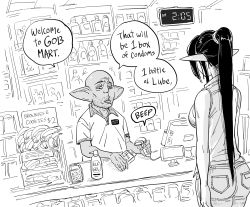 Rule 34 | 1boy, 1girl, ass, bad id, bald, banana, bare shoulders, bb (baalbuddy), clock, commentary, condom box, convenience store, denim, digital clock, elf, english commentary, english text, facial hair, fangs, female goblin, food, fruit, goblin, greyscale, highres, holding, inactive account, jeans, jitome, long hair, lube, monitor, monochrome, original, pants, parted lips, pointy ears, ponytail, shirt, shop, simple background, stand, stubble, very long hair, white background