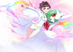 Rule 34 | 1girl, blue eyes, breasts, brown hair, coat, collar, commentary request, creatures (company), diantha (pokemon), energy, eyelashes, game freak, gardevoir, gen 3 pokemon, highres, holding, holding poke ball, jewelry, kito (kito mozooo), long sleeves, looking at viewer, mega gardevoir, mega pokemon, necklace, nintendo, open clothes, open coat, poke ball, poke ball (basic), pokemon, pokemon (creature), pokemon xy, short hair, smile, white coat, white collar