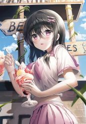 Rule 34 | 1girl, bad id, bad twitter id, black hair, blue sky, blush, cloud, commentary request, cup, day, embarrassed, food, fruit, hair ornament, hairpin, highres, holding, holding cup, holding spoon, ice cream, looking at viewer, medium hair, nervous, onee928, open mouth, original, pleated skirt, purple eyes, purple sailor collar, purple skirt, sailor collar, school uniform, shirt, short sleeves, skirt, sky, solo, spoon, standing, strawberry, sweatdrop, upper body, white shirt