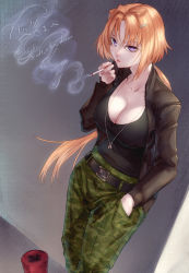Rule 34 | 1girl, belt, black belt, black tank top, blonde hair, breasts, camouflage, camouflage pants, cigarette, cleavage, commission, ellen aice, from above, hair ornament, hairclip, highres, large breasts, leaning back, long hair, looking at viewer, low ponytail, muv-luv, muv-luv alternative, muv-luv unlimited: the day after, pants, parted bangs, purple eyes, skeb commission, smoke, smoking, solo, tank top, yama i