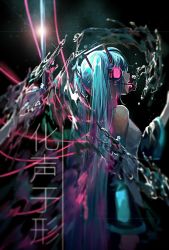 Rule 34 | 1girl, arm at side, bad id, bad pixiv id, black background, blue hair, blurry, depth of field, detached sleeves, from side, glowing, hair ornament, hatsune miku, headphones, headset, lens flare, long hair, microphone, open mouth, profile, qiqu, solo, text focus, twintails, upper body, very long hair, vocaloid, water