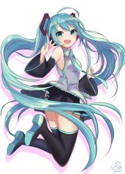 Rule 34 | 1girl, 2015, aqua eyes, aqua hair, aqua nails, black footwear, black thighhighs, boots, dated, detached sleeves, hatsune miku, long hair, looking at viewer, nail polish, necktie, pisuke, signature, simple background, skirt, smile, solo, thigh boots, thighhighs, twintails, very long hair, vocaloid, zettai ryouiki