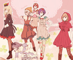 Rule 34 | 6+girls, alternate costume, ankle boots, bad id, bad pixiv id, black bow, black dress, blonde hair, boots, bow, bowtie, breasts, brown footwear, brown legwear, buttons, capelet, character name, cosplay request, double-breasted, dress, feet out of frame, floral print, frills, fueguchi hinami, hair bow, hair over one eye, hood, hood up, hooded capelet, kirishima touka, long hair, long sleeves, mado akira, medium breasts, multiple girls, mutsuki tooru, nishino kimi, on one knee, pantyhose, pink background, pink hair, puffy short sleeves, puffy sleeves, purple hair, red bow, red bowtie, red capelet, red dress, red sailor collar, sailor collar, short hair, short sleeves, striped clothes, striped legwear, striped pantyhose, tokyo ghoul, tokyo ghoul:re, toukaairab, vertical-striped clothes, vertical-striped pantyhose, yonebayashi saiko