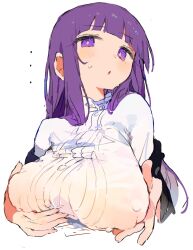 Rule 34 | 1girl, black coat, blunt bangs, breast lift, breasts, coat, collar, dress, fern (sousou no frieren), frilled collar, frills, highres, large breasts, long hair, looking at viewer, otintin, parted lips, purple eyes, purple hair, see-through, see-through dress, solo, sousou no frieren, sweatdrop, white background, white dress
