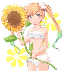 Rule 34 | 10s, 1girl, blonde hair, blue eyes, flower, granblue fantasy, io (granblue fantasy), io (summer) (granblue fantasy), long hair, looking at viewer, navel, open mouth, sayuco, simple background, solo, standing, sunflower, twintails, underwear